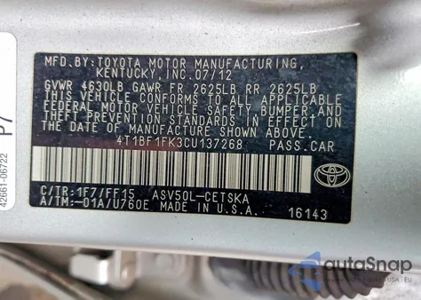 2012 Toyota Camry Base z USA, uszkodzony, nr VIN 4T1BF1FK3CU137268